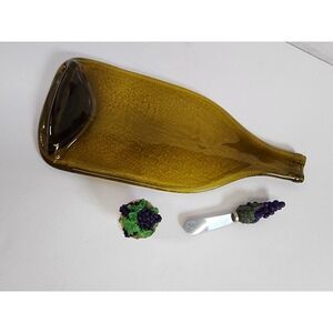 Slumped Wine Bottle Cheese Board Set Amber Glass Grape Spreader Stopper